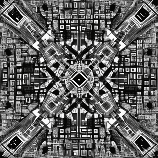 AI generated: a symmetrical abstract image of patterned city. black and white image, looking like matrix
