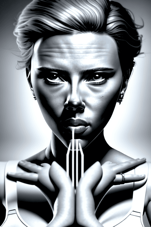 AI generated: A shockingly detailed monochromatic vector illustration of "Scarlett Johansson" unaliasing an anomal...