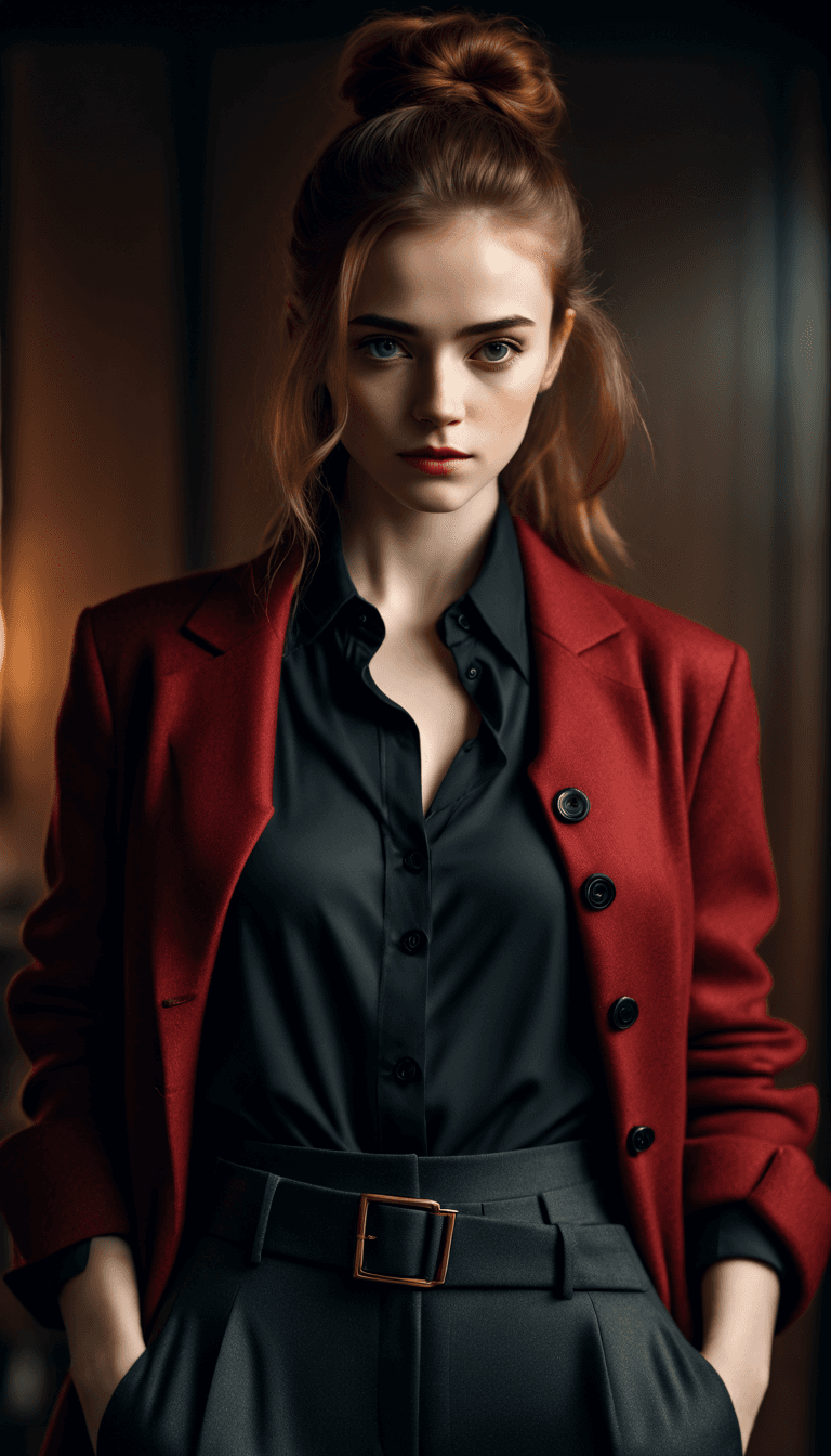 AI generated: The image features a young Russian (freckles:0.9) girl wearing a red shirt and black pants, standing...