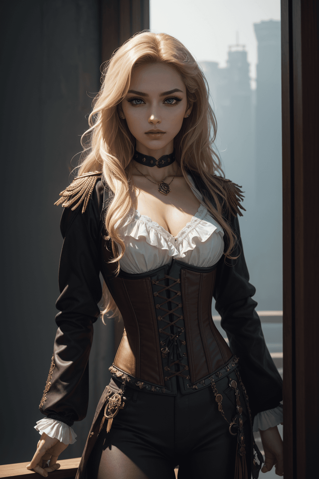 AI generated: swashbuckler, thief, adventuress, (1girl), Korean:1. 5, (Celtic:Romanian:0. 6), (brown pants):1.5, (...