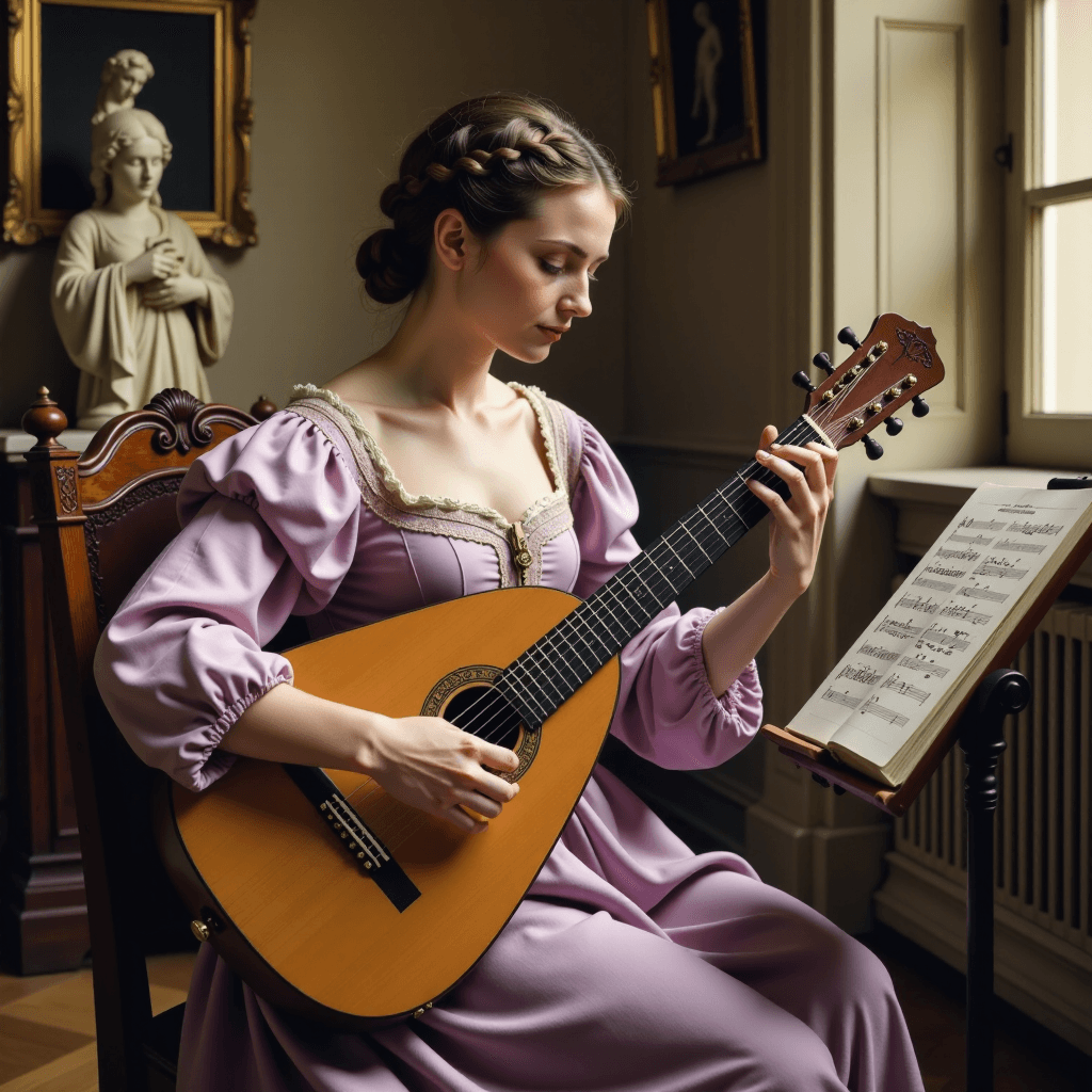AI generated: A pretty female musician, playing a big lute, she wears a magnificent pale lilac renaissance dress. ...