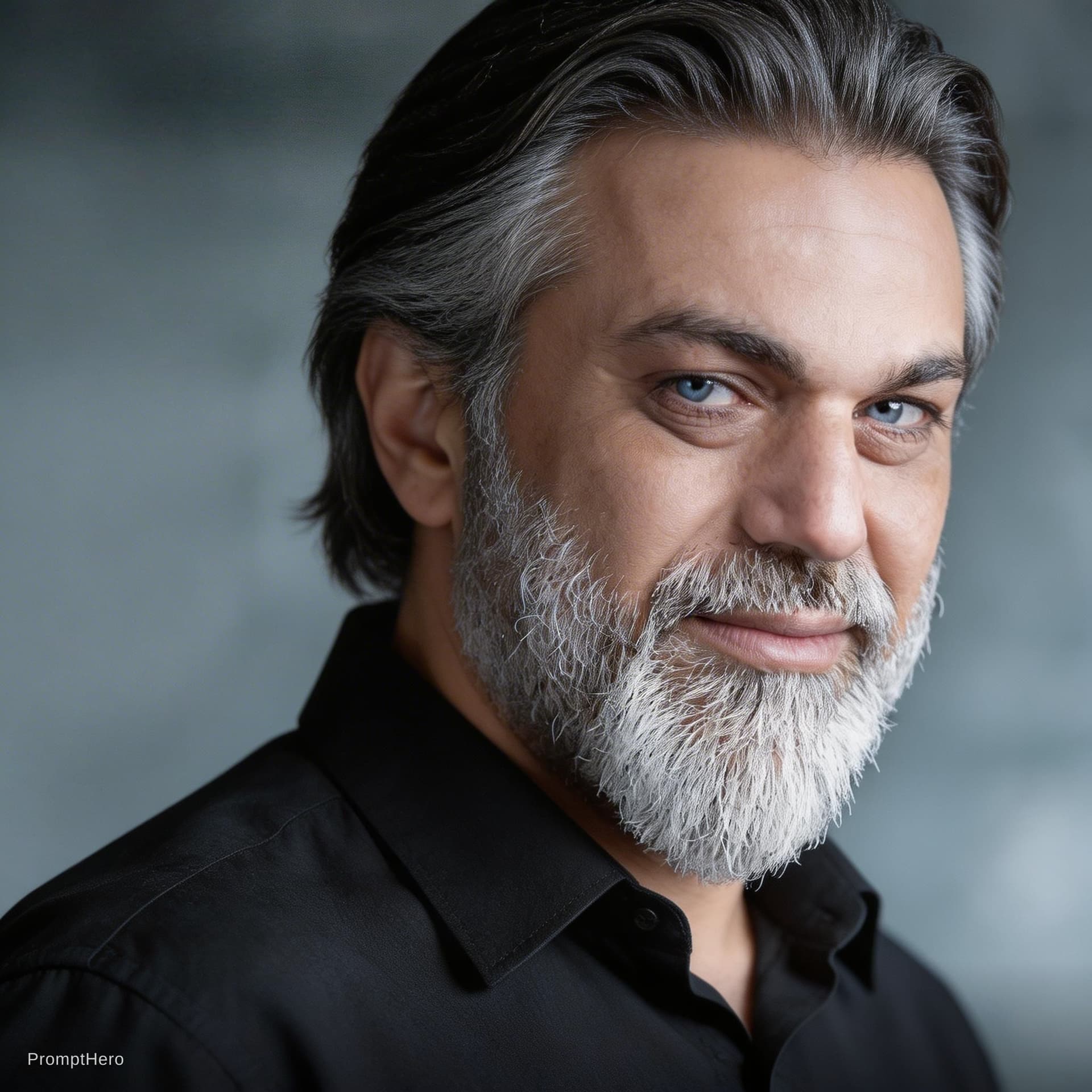 AI generated: Ultra-realistic cinematic close-up portrait of a rugged middle-aged man with salt-and-pepper hair an...