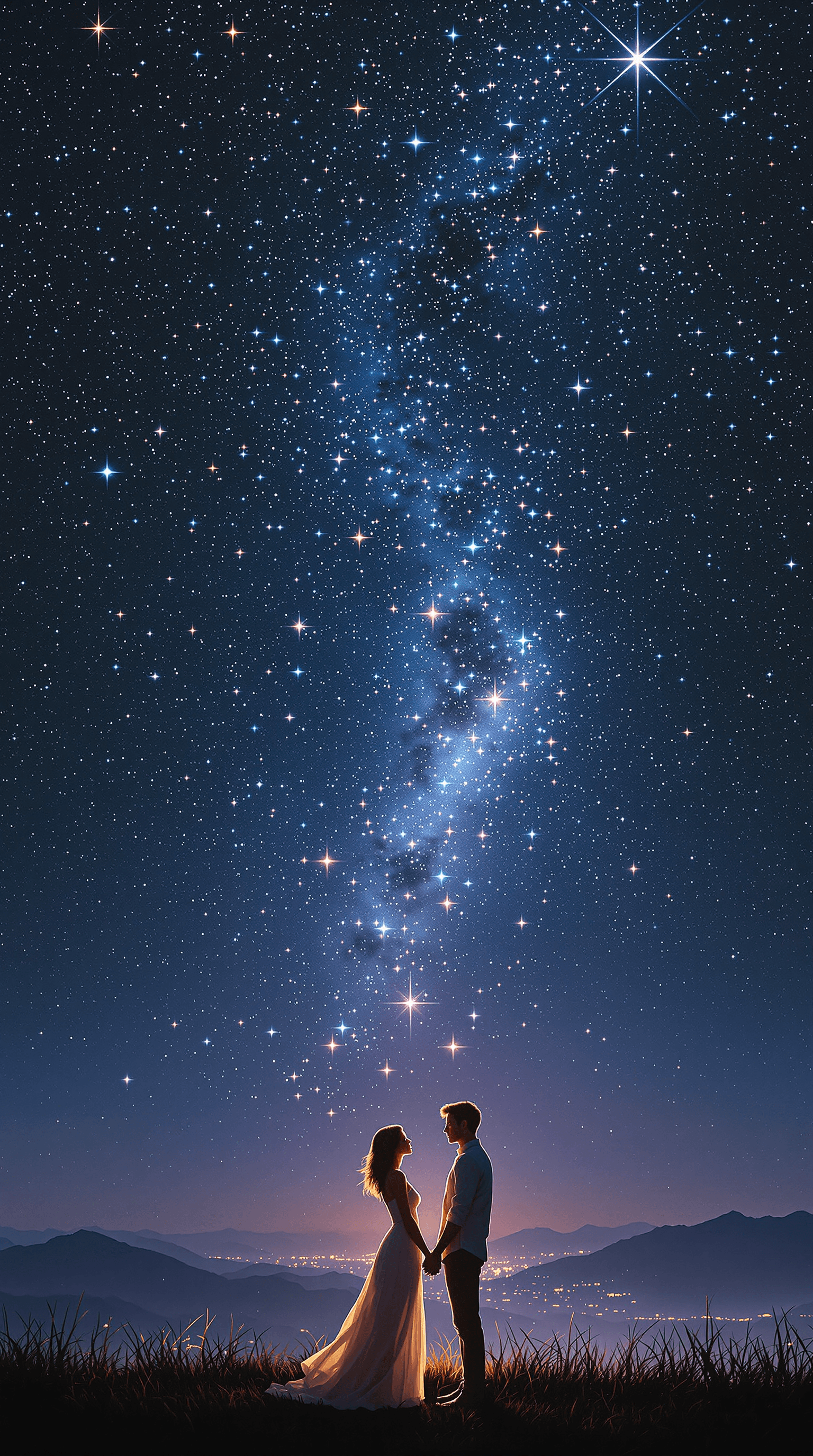 AI generated: A breathtaking night scene where two lovers stand beneath an endless expanse of glowing celestial li...