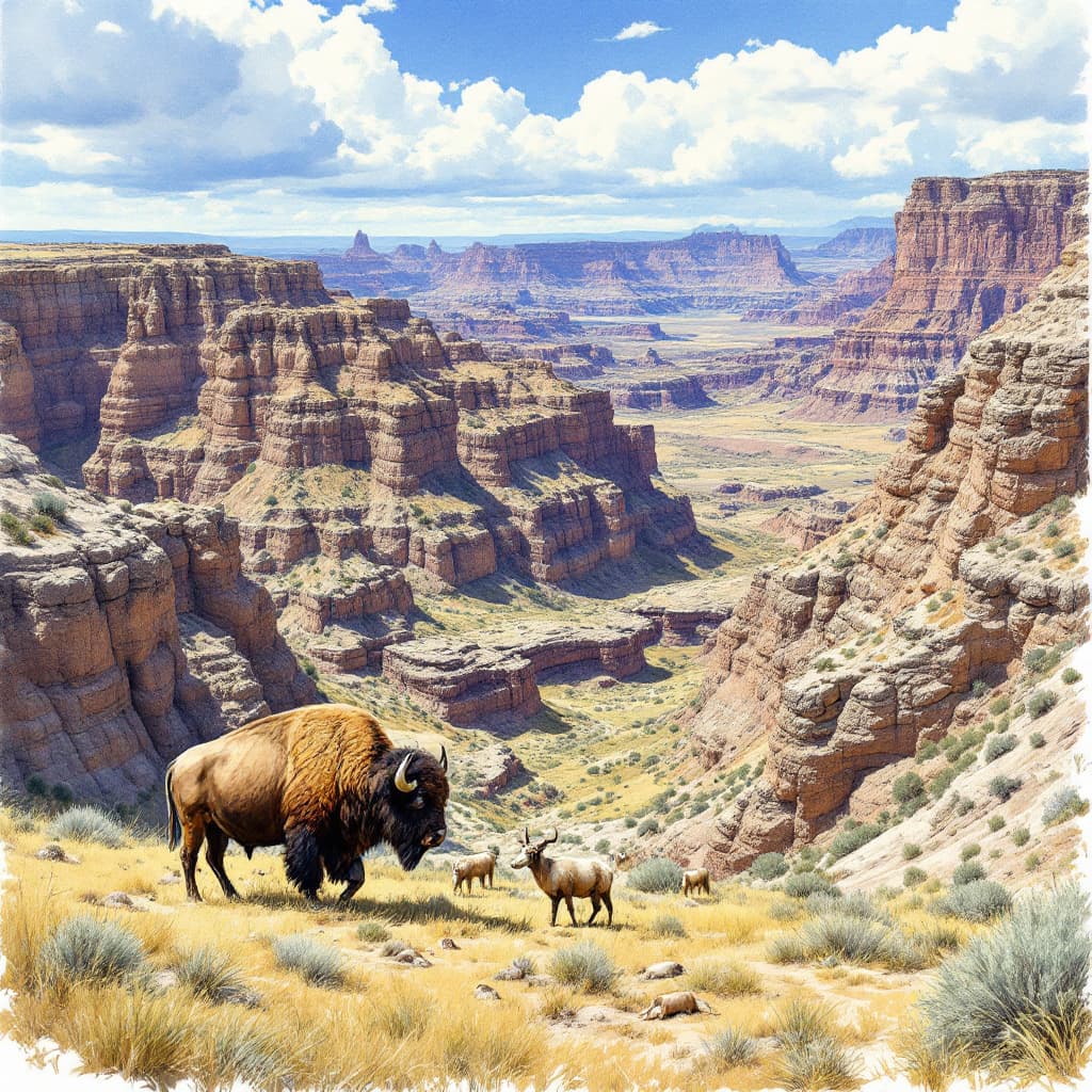 AI generated:  highly detailed color sketch of Badlands National Park in South Dakota. beautiful dramatic landscap...