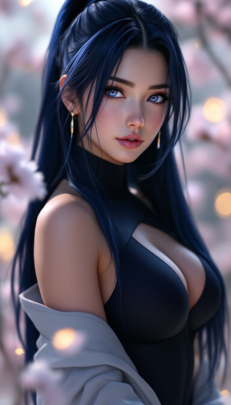 AI generated: A highly detailed, ultra-realistic full-body portrait of Hinata Hyuga from Naruto. She has a stunnin...