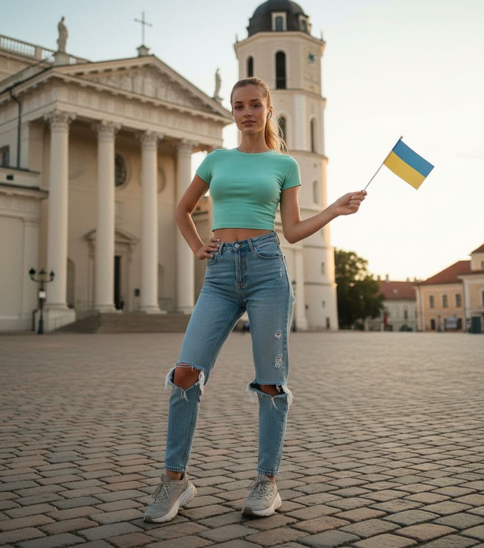 AI generated: 22-year-old 5 foot 7 Spanish girl, standing. stands in Vilnius Old Town against the backdrop in the ...