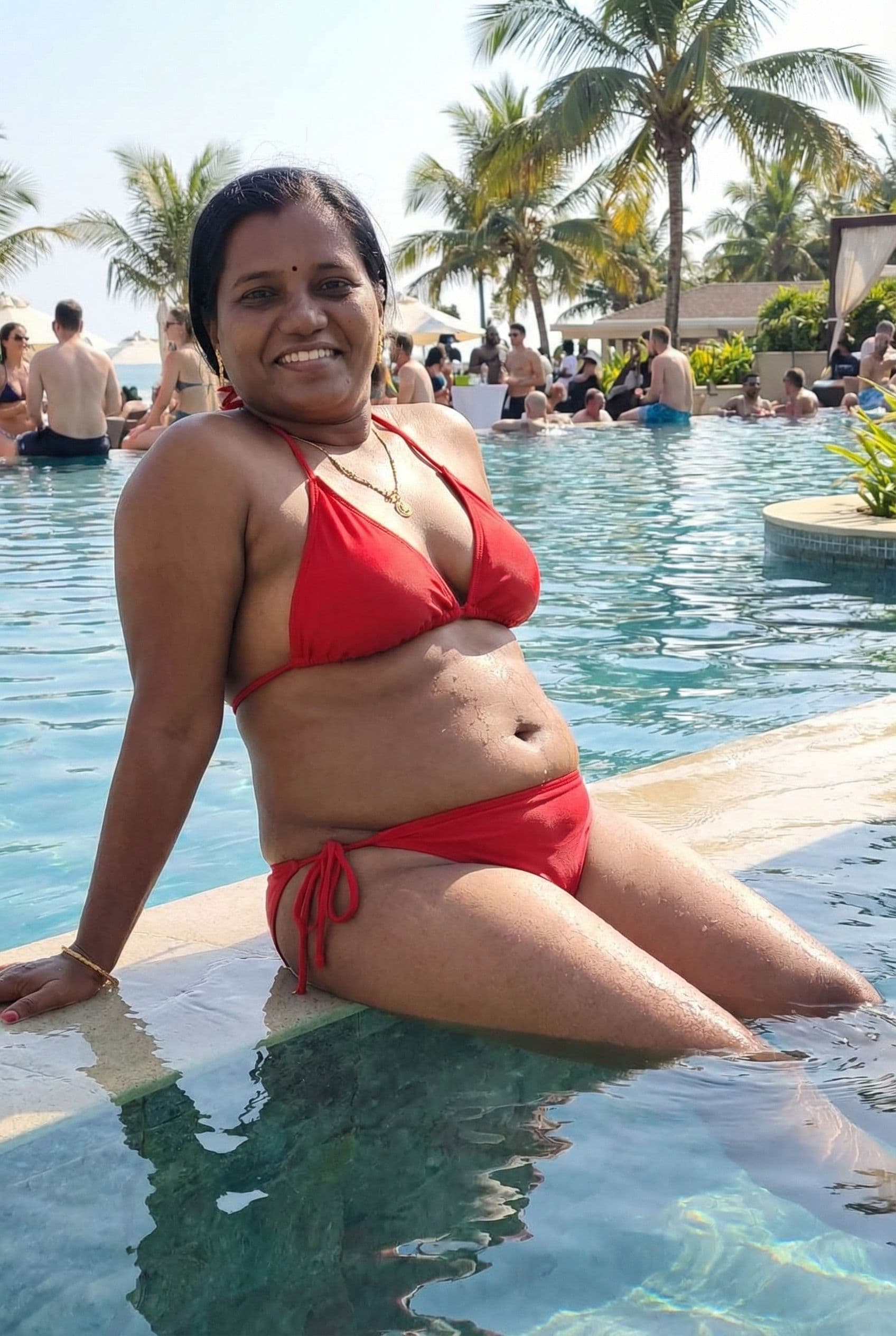 AI generated: a woman in a red bikini sitting on the edge of a pool in the sun, squatting down next to a pool, nex...