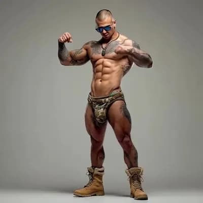 AI generated video: Feet spread apart firmly on the ground, hands behind head, slightly bending knees and thrusting hips...