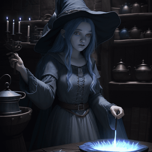 AI generated: A beautiful young witch in a <great witch blue hat> was stirring and mixing potions in the cauldron....