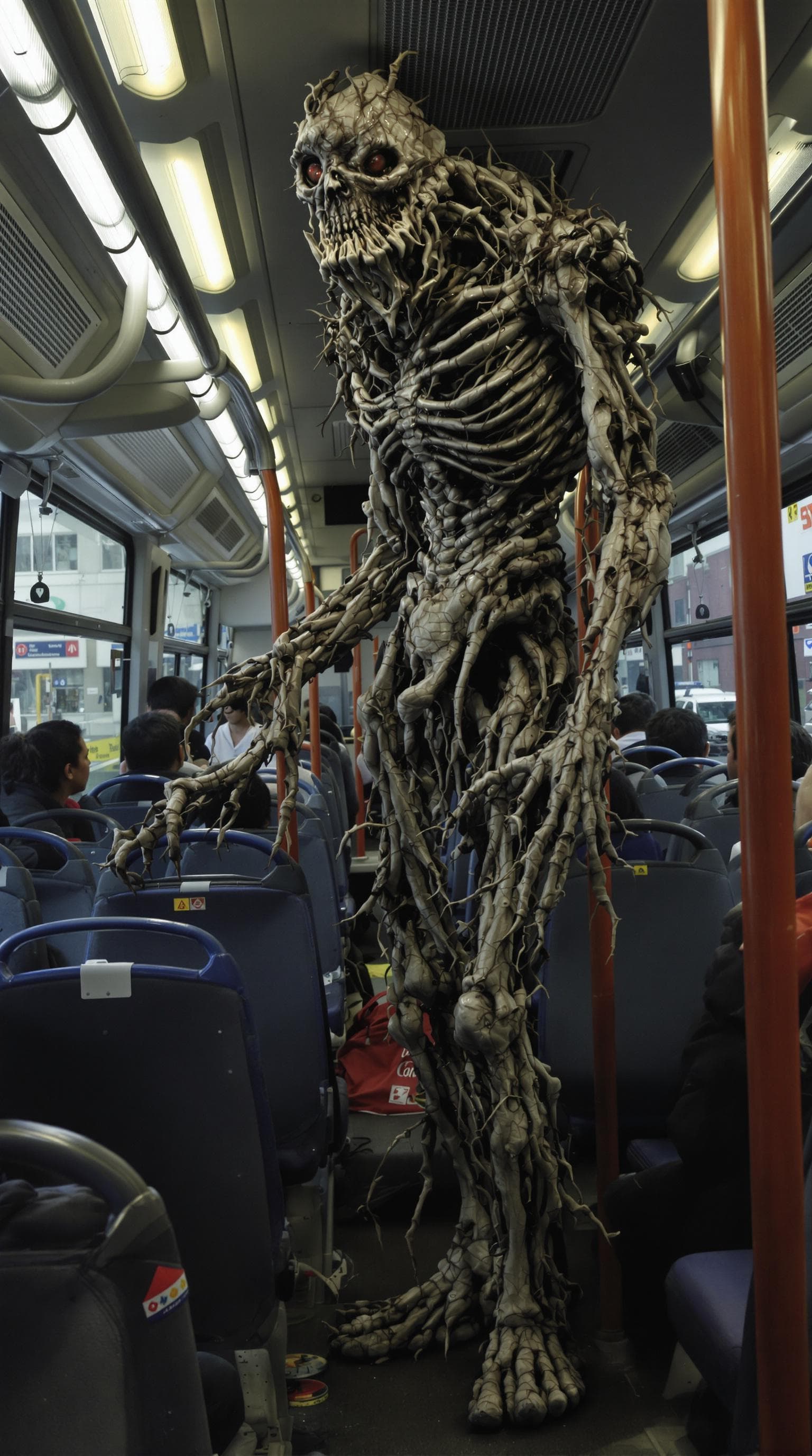 AI generated: A  grotesque standing in a bus