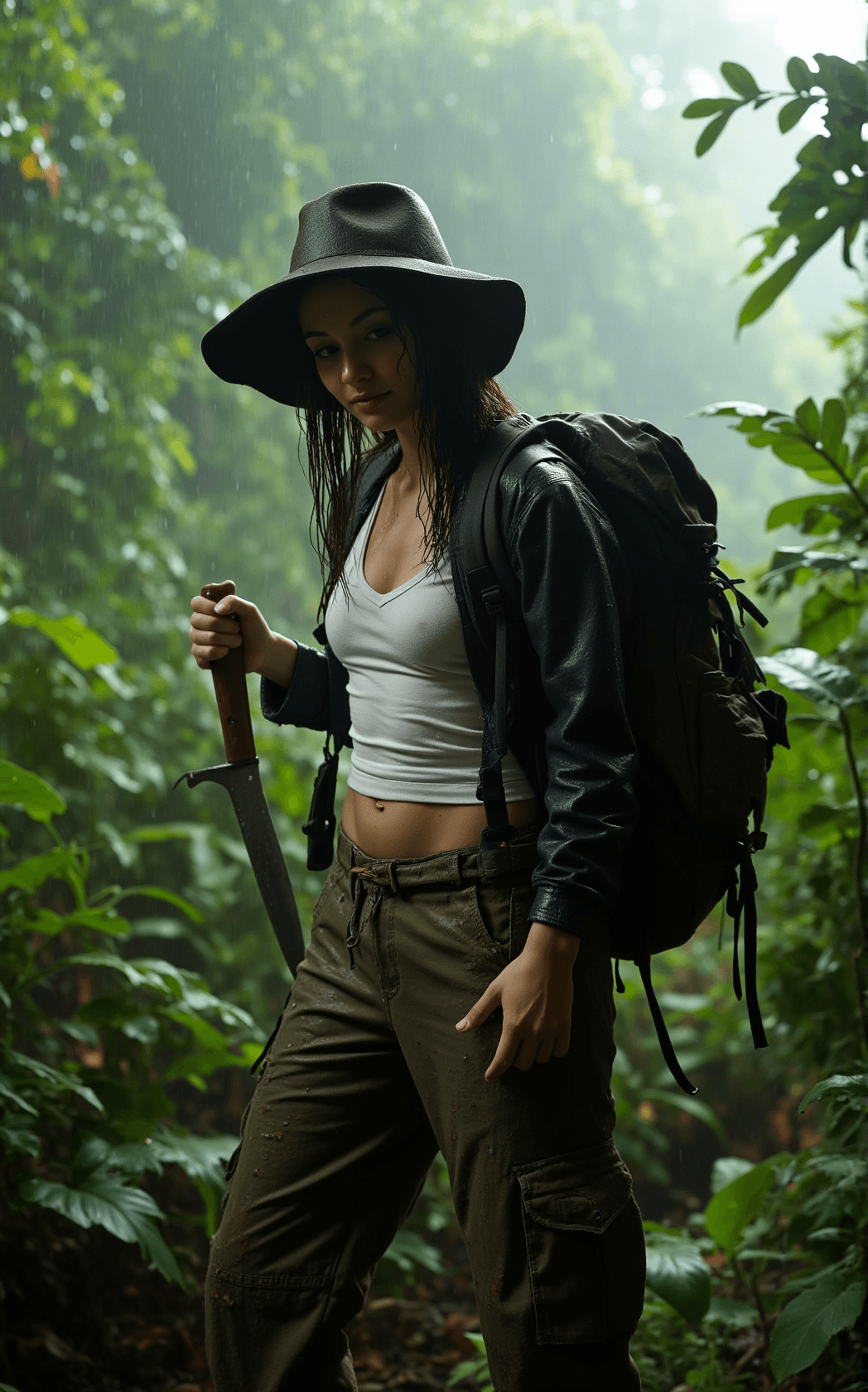 AI generated: In this film still, a woman is seen exploring the dense and vibrant Amazon jungle. She embodies a se...