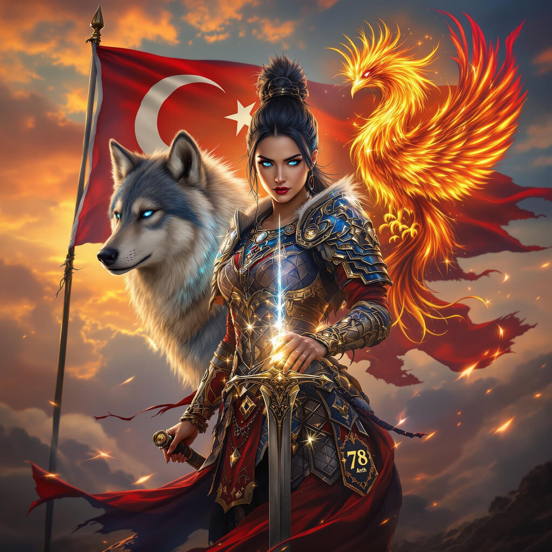 AI generated: A fierce lady warrior clad in traditional armor inspired by ancient Turkish mythology, holding a swo...