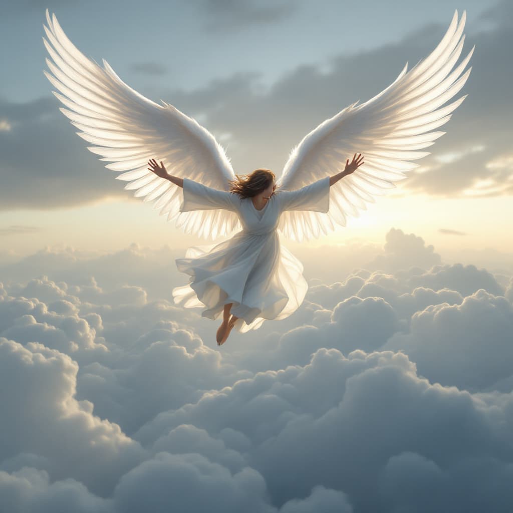 AI generated: Photo of a ultra realistic angel in flight, dramatic light, pale sunrise, cinematic lighting, trendi...