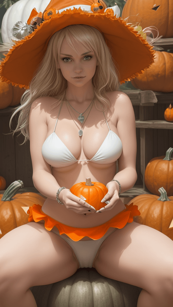AI generated: a woman dressed in a Halloween costume, adorned with an orange hat, is seated on a white platform su...