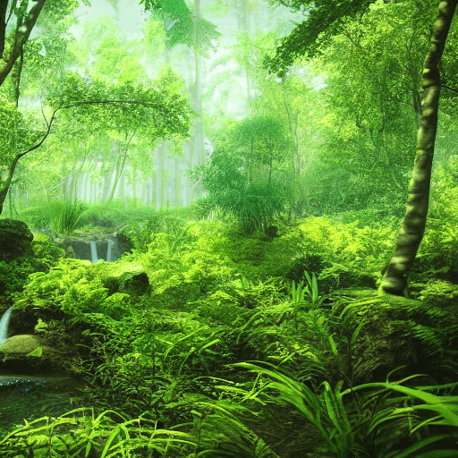 AI generated: Green forest, beautiful beach, waterfalls, lush vegetation, green forest in the background, realisti...