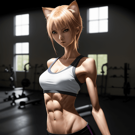 AI generated: HDR photo of A photo of a slender anime girl with petite bust, toned abs, standing in gym, with phot...