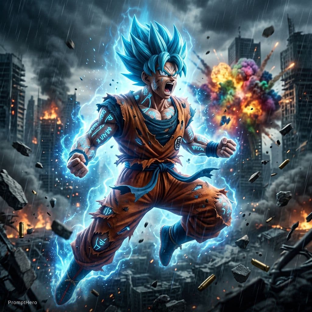 AI generated: realistic style, Goku fighting at war, raging, blue hair, character design, body is adorned with glo...