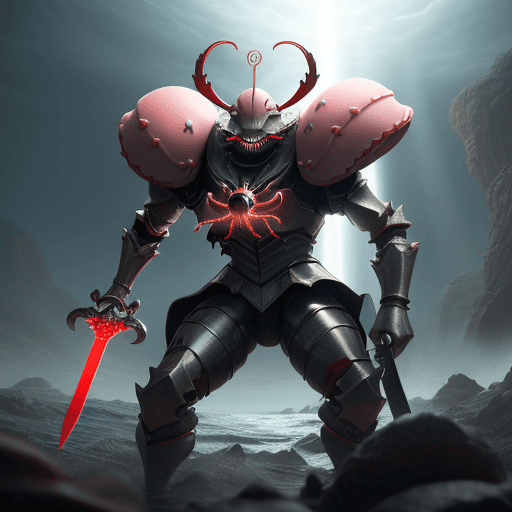 AI generated: Mr.Krabs is the mightiest god using his sword, red eyes, heroic pose, divine and celestial light, ma...