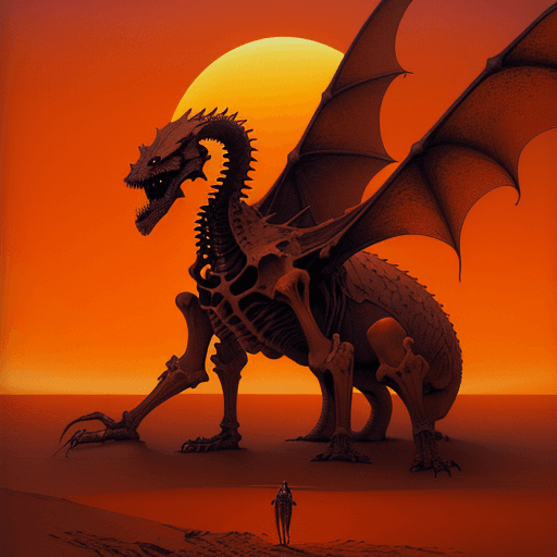 AI generated: Moebius, desert of sand and bones with an orange sky and dead dragon skeleton in the background, fan...