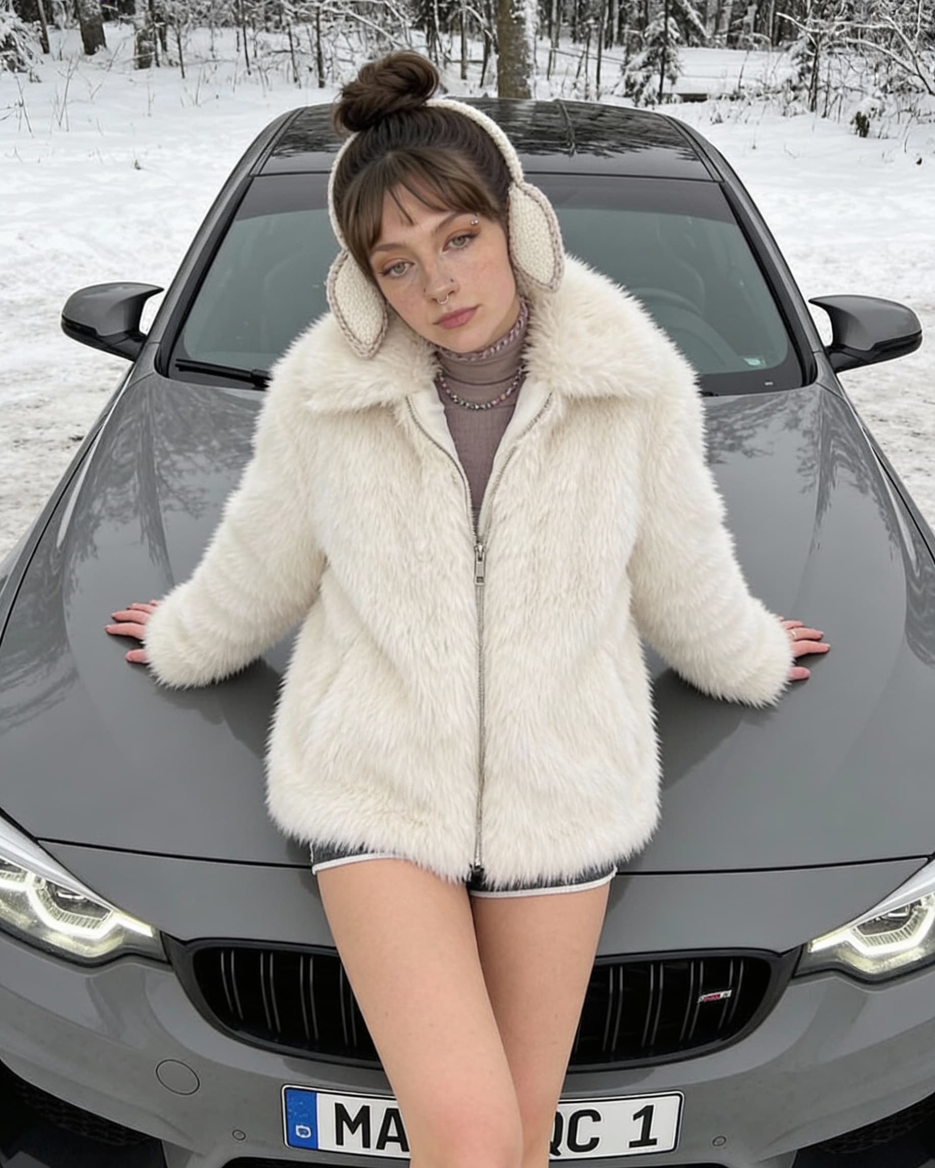 AI generated: Influencer style posing...of this image ... front photo she leaning on bonet of car , she is wearing...