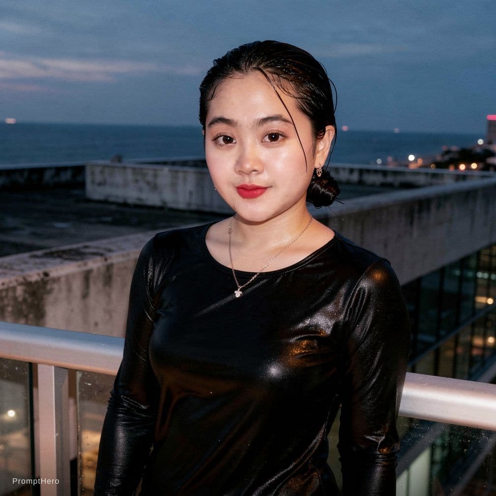 AI generated: A documentary style photograph of a young female on a high balcony just after swimming. Her long dar...