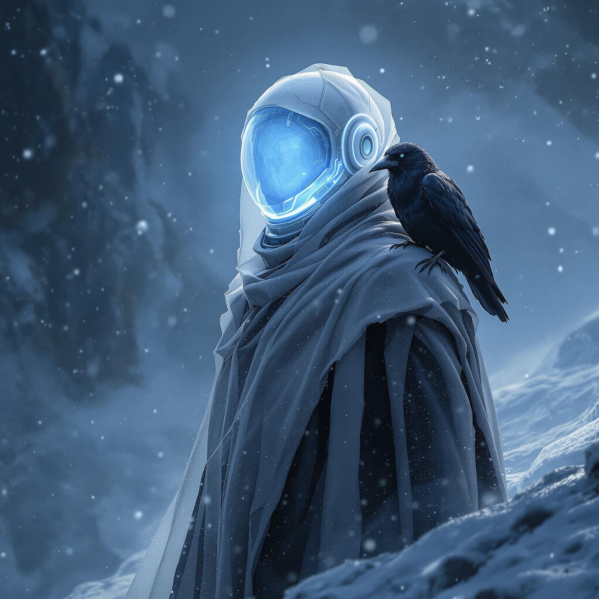 AI generated: A mysterious astronaut stands shrouded in a delicate, translucent veil of frost. Their pale, almost ...