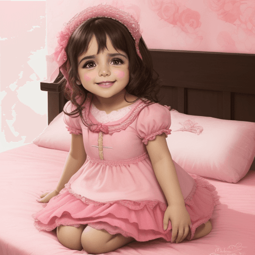 AI generated: Una bebé, sonriente, con vestido rosado y una vincha rosada, en una cama con plumas

 