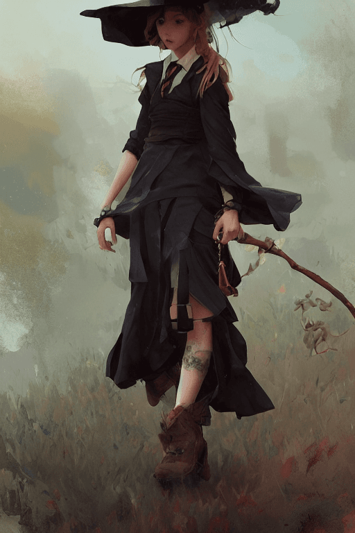AI generated: rugged girl witch wearing magic school uniform, large wide - brimmed witch hat, cinematic, elaborate...