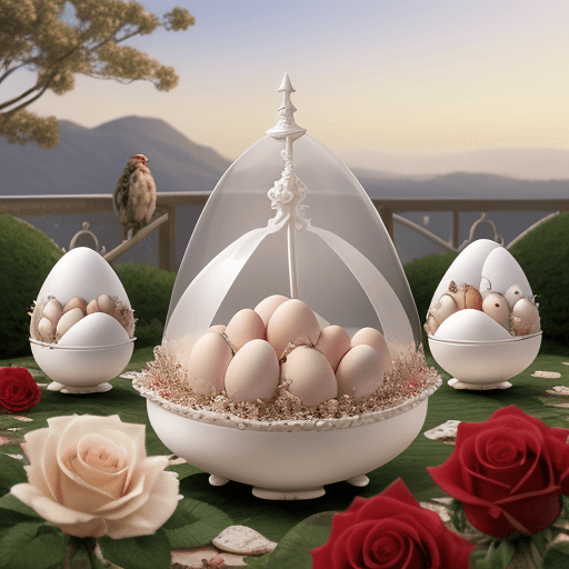 AI generated: High-resolution Firebird Eggs with snails around fantastic view rose and white colors roses.