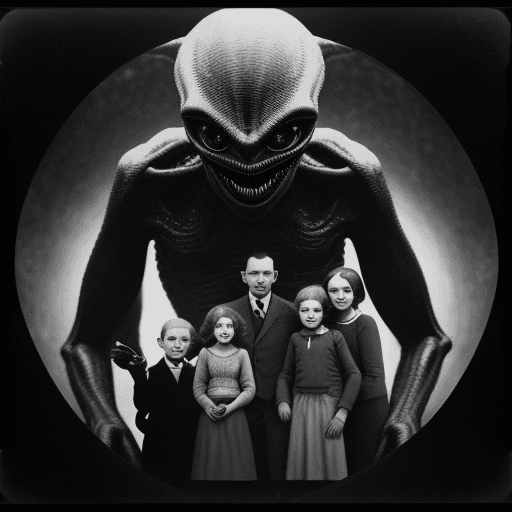 AI generated: daguerotype photo, family, with alien monster, style: Murnau