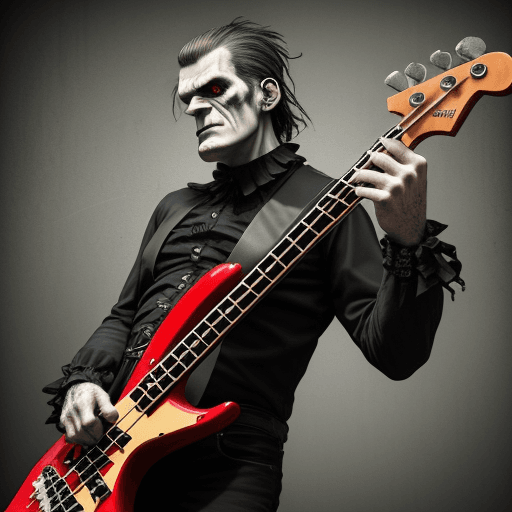 AI generated: Frankenstein playing bass guitar, angry and cocky.