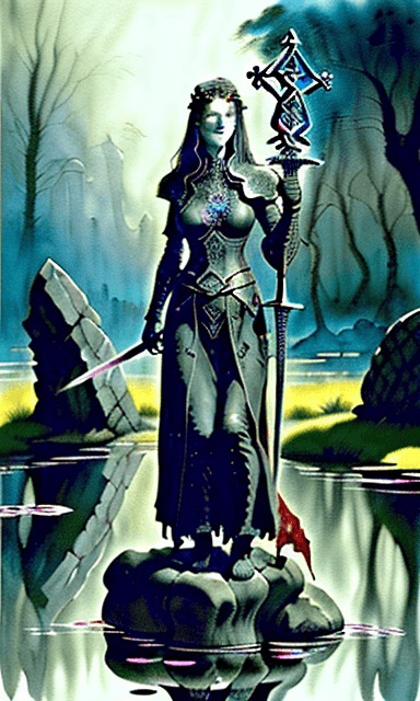 AI generated: Black Knight perfect face and anatomy, standing next to 5 Large Swords sticking up out of a large st...
