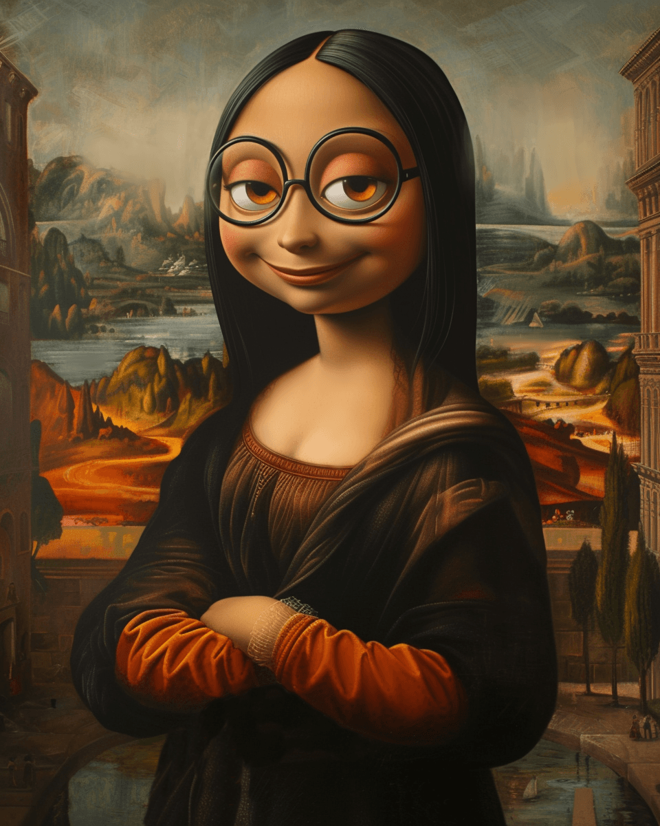 AI generated: a painting of a Mona Lisa by Leonardo da Vinci, in the style of disney animation,  --ar 4:5 --styliz...