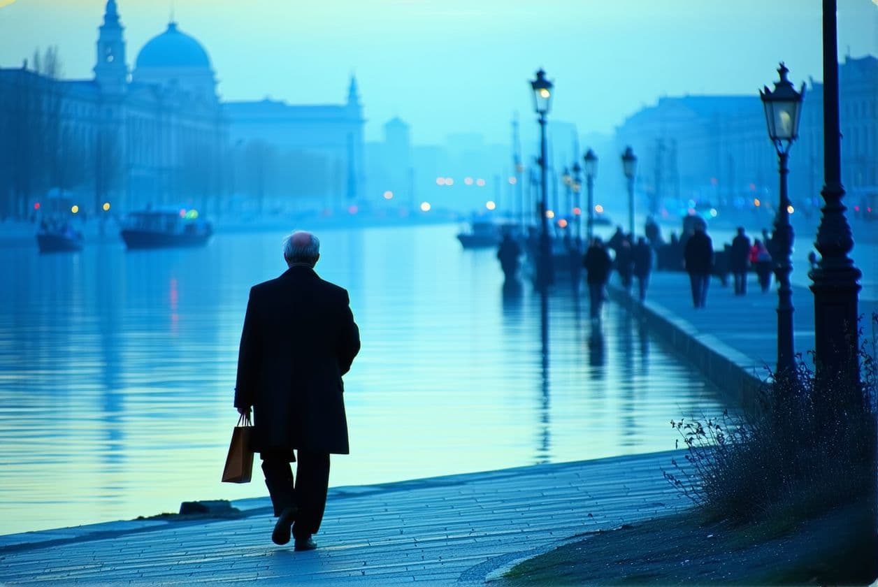 AI generated: 
A contemplative scene at dusk, where a solitary traveler walks gently along the bank of a serene ri...