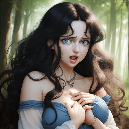 AI generated: Adult girl, piggy nose, on her knees, open mouth, jewellery, long curly hair, ring, half-turned, tea...