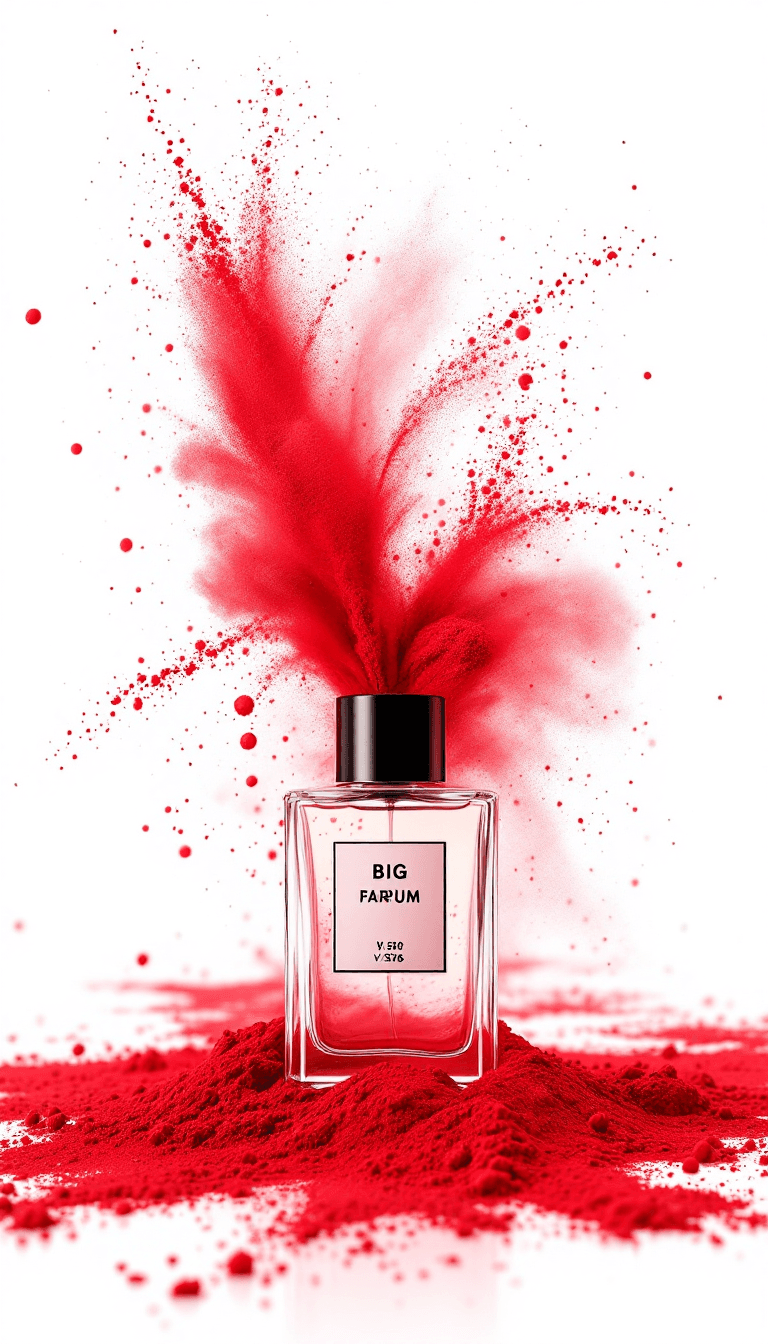AI generated: a photo of 3 big parfums with a red powder explosion on a white background --ar 9:16--stylize 250 --...