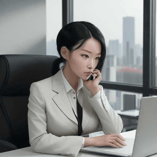 AI generated: A professional Korean woman in an office setting, wearing a stylish business suit, with sleek dark h...