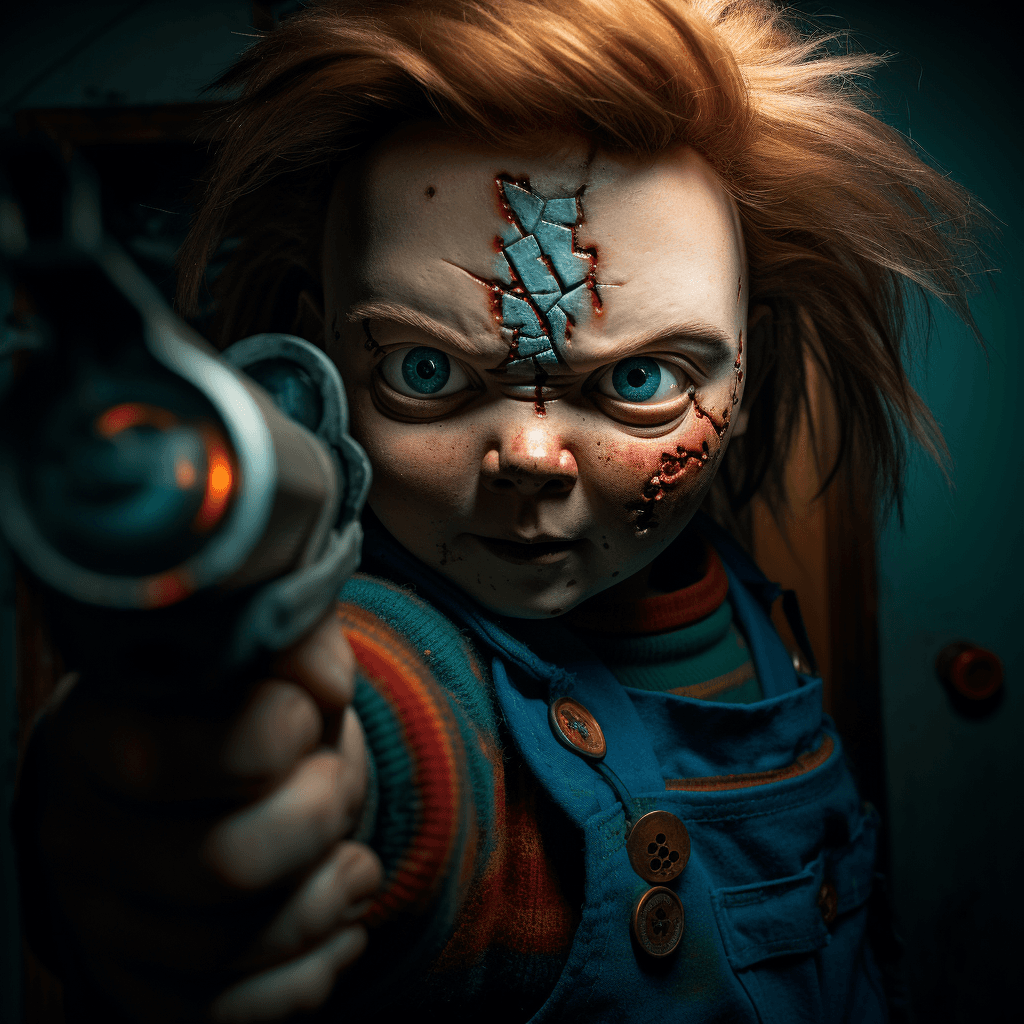 AI generated: extreme close-up of Photo Realistic Chucky from the "Child’s Play" movie is pointing two guns while ...