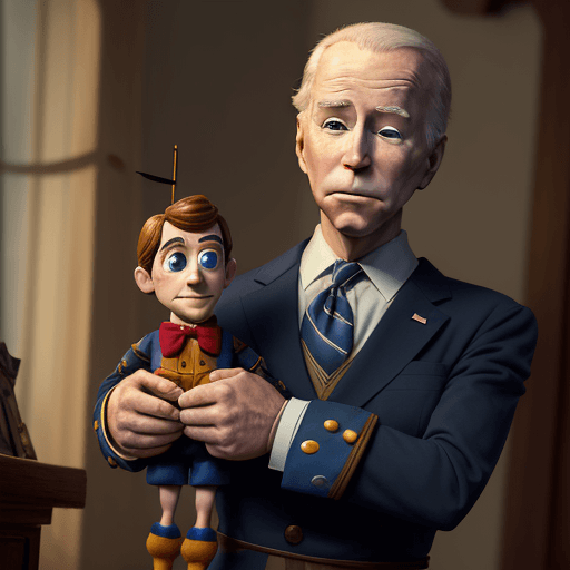 AI generated: Joe Biden as Pinocchio puppet with strings , cuddly, arrogant, powerful, high fantasy, epic, cinemat...