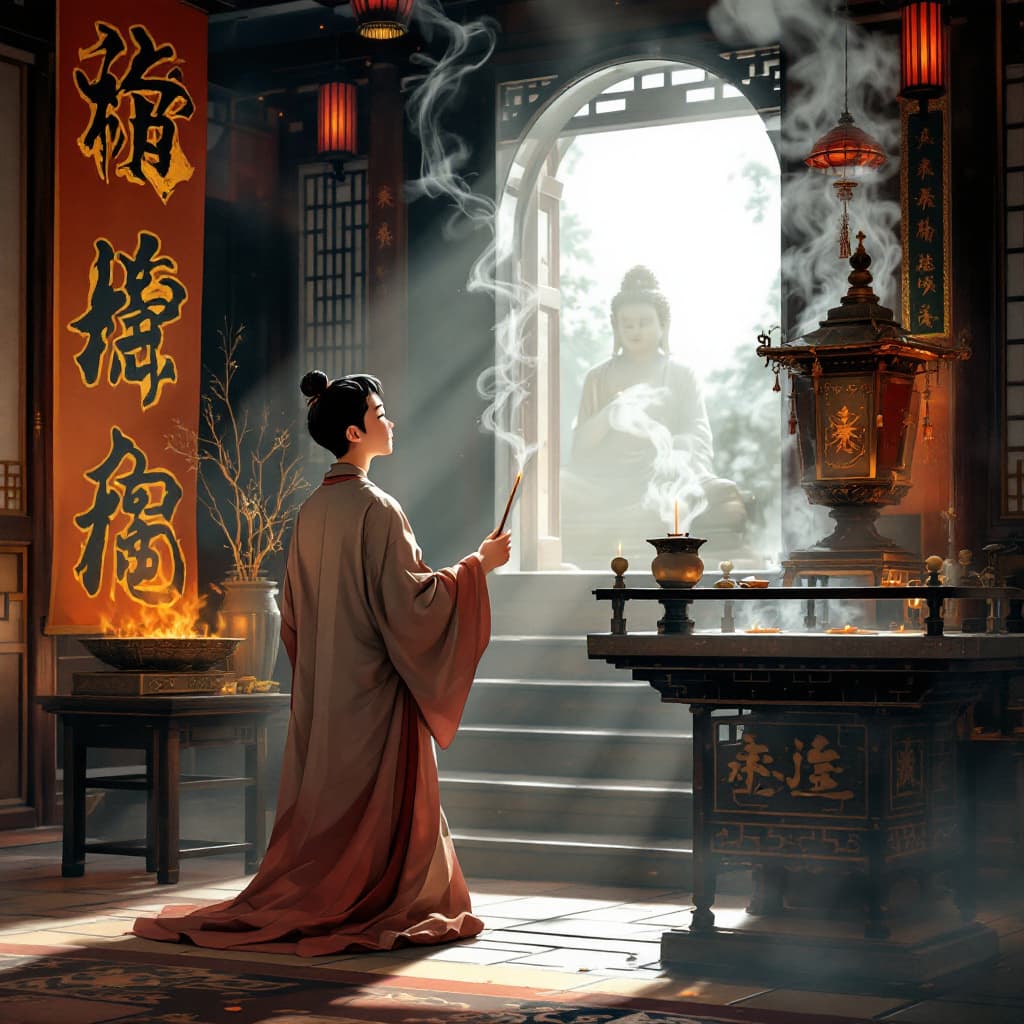 AI generated: A Japanese rendering animation depicts a young Chinese Taoist priest, holding a stick of incense in ...