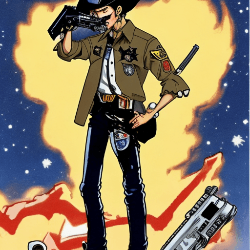 AI generated: A 90s anime space-cowboy with a revolver in hand and cigarette in mouth, wearing military com-tacs o...
