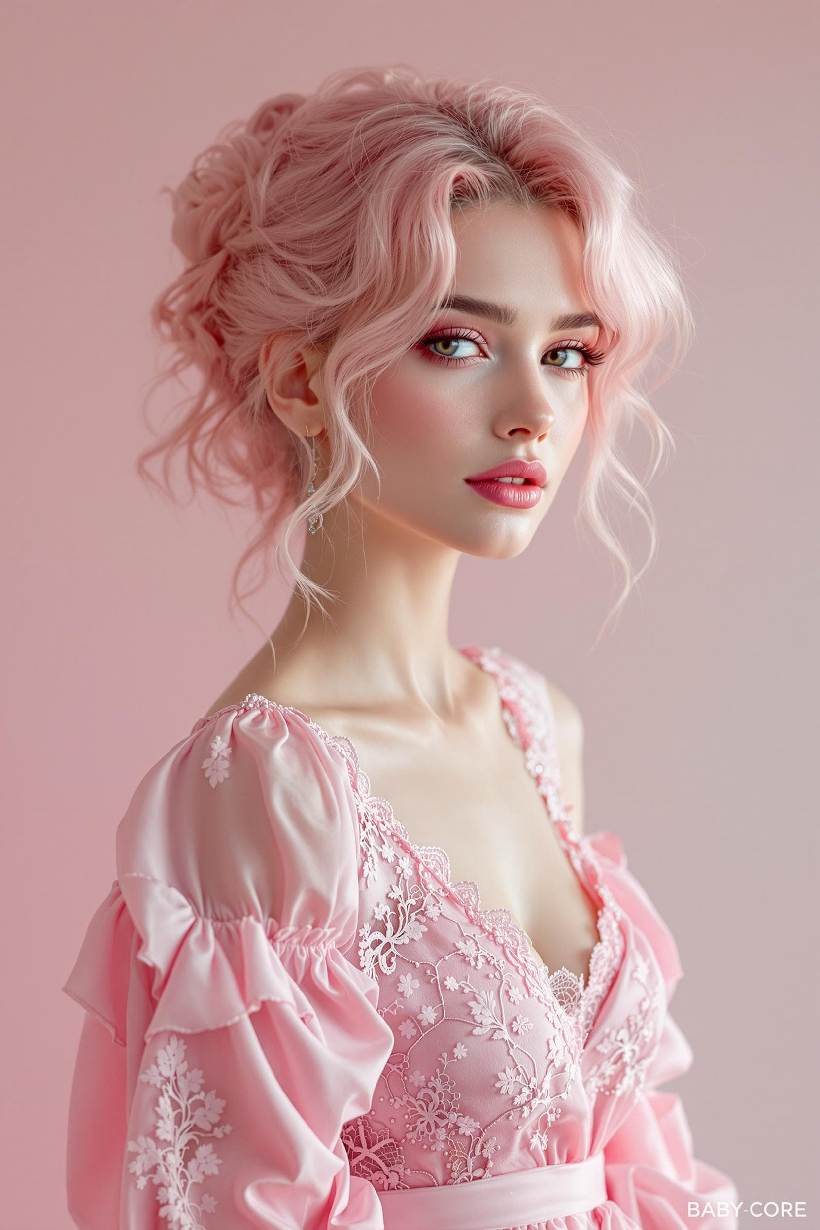 AI generated: Une femme aux cheveux roses dans une robe en dentelle rose, dans le style de l'hyperréalisme et du p...
