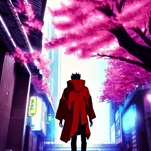 AI generated: anime key visual of cyberpunk man in red cloak walking in Cyberpunk Tokyo City, from the anime Chain...