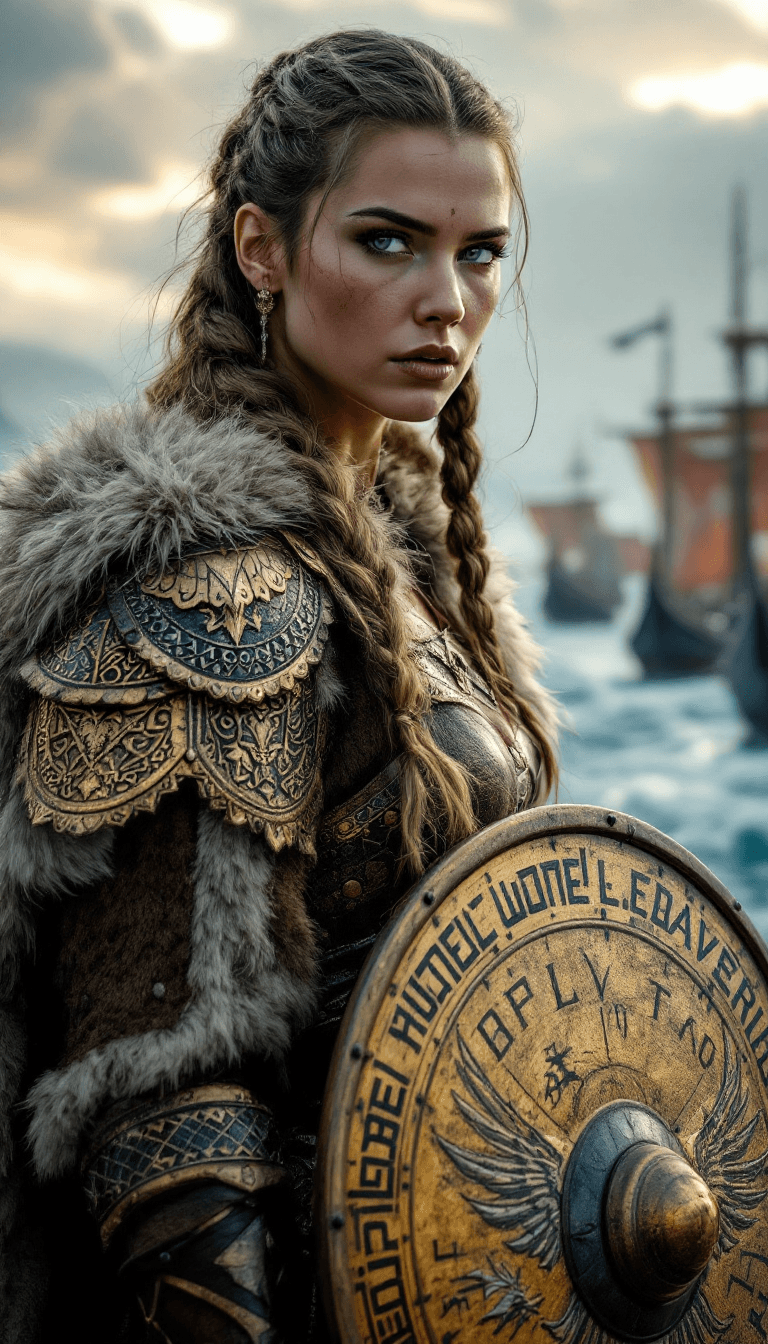 AI generated: A powerful Viking warrior queen with ash-brown hair styled in braided side plaits, wearing gold-plat...