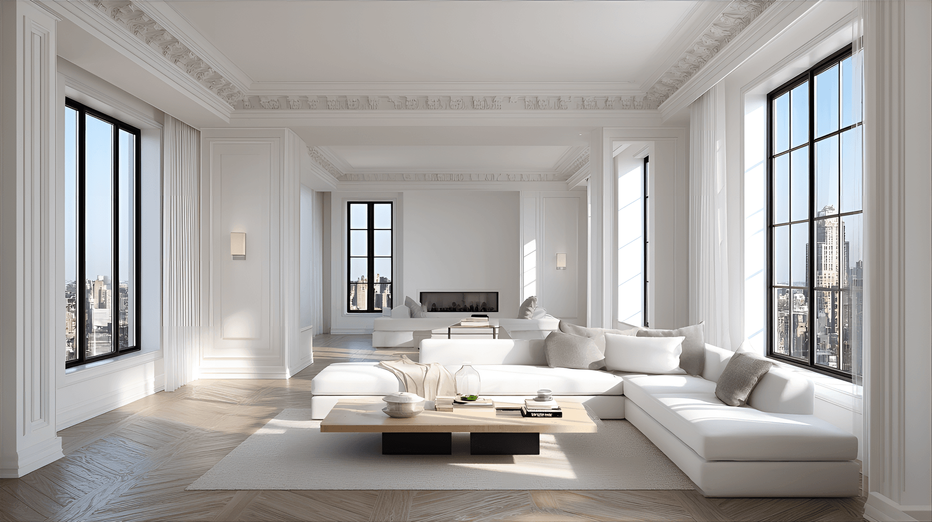 AI generated: Spacious, sun-drenched living room, minimalist interior design,  large windows, white walls, light-t...