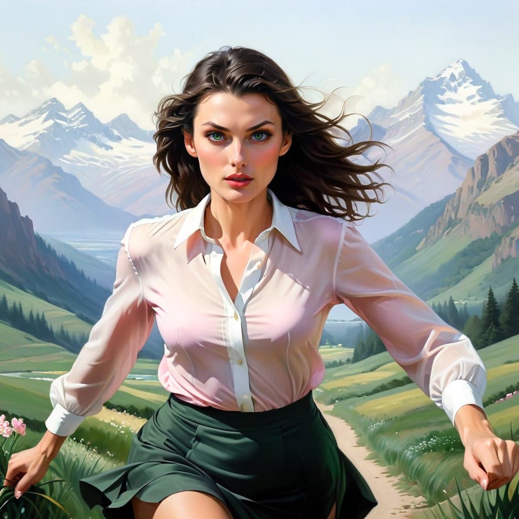 AI generated: a beautiful model Bridget Moynahan, running away, highly detailed eyes, perfect eyes, perfect face, ...