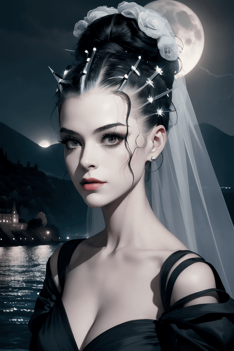 AI generated: (Bride of Frankenstein):1.5, night, moonlight, storm buffeted castle, lake como (((masterpiece:1 0))...