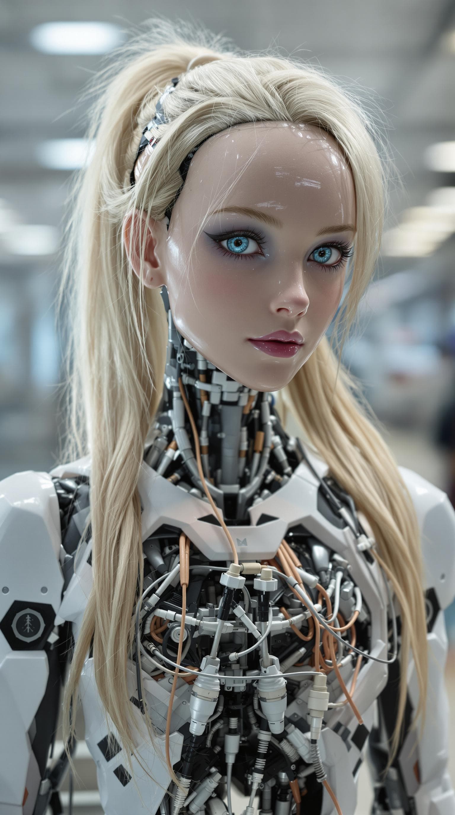 AI generated: exceptionally beautiful blonde hair blue eyed (age 13), artificial intelligence robot, (futuristic),...