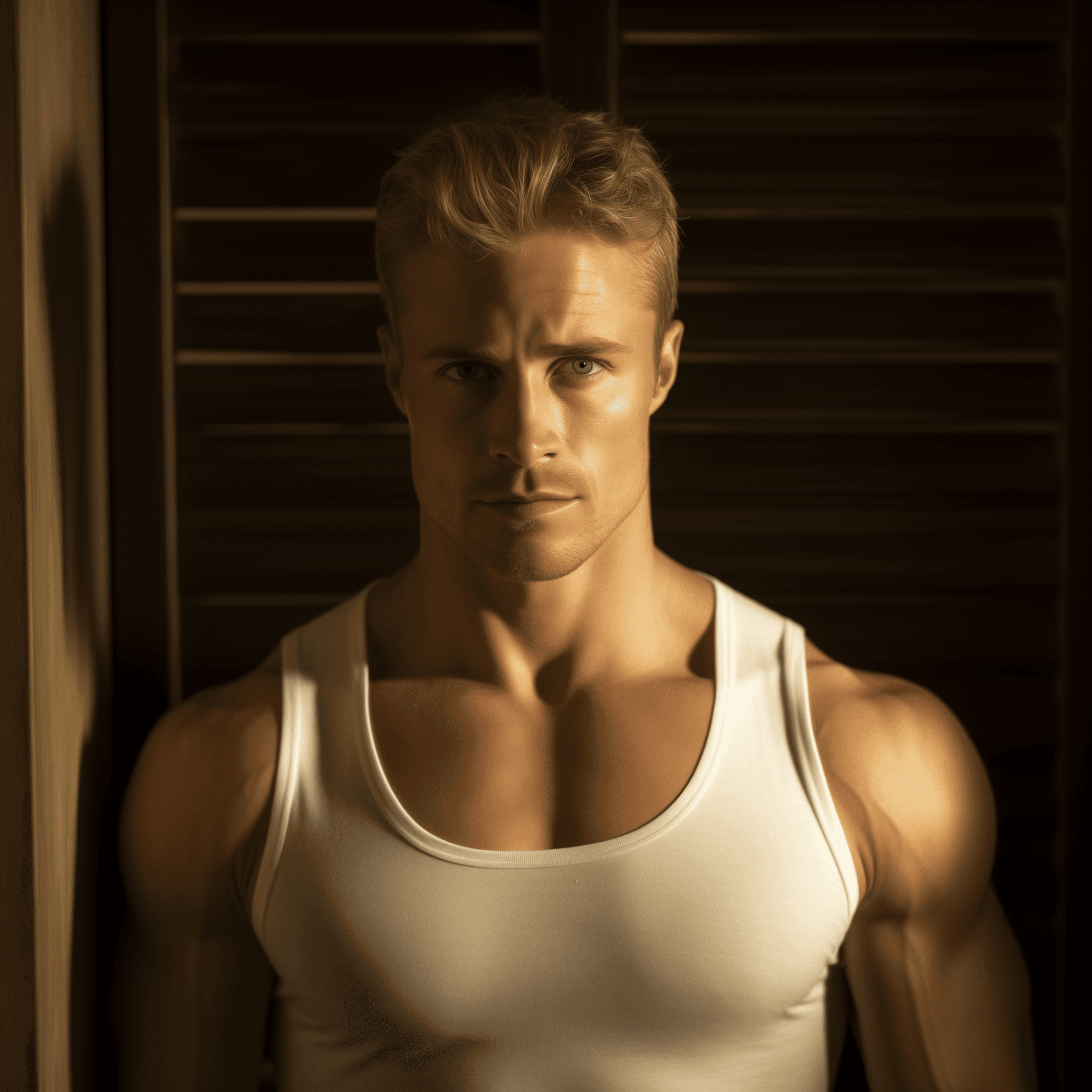 AI generated: A handsome man wearing a white tank top is posing for the camera. abs, fitness, tom of finland, He h...