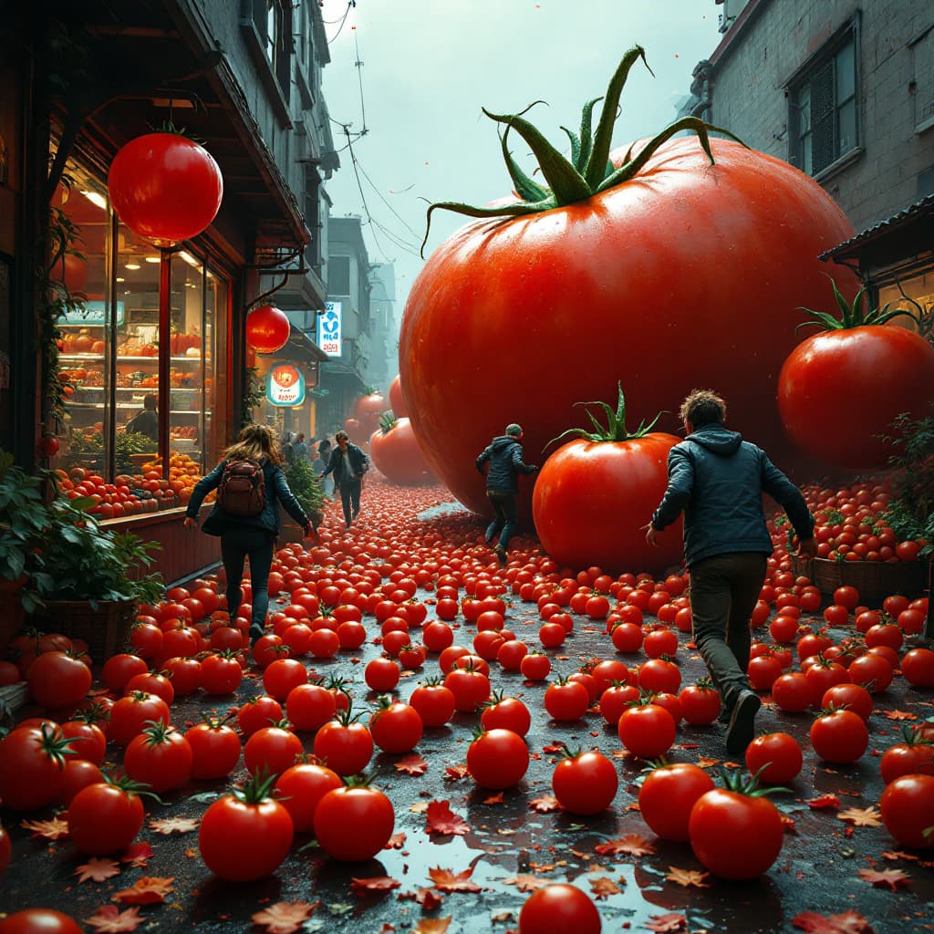 AI generated: giant tomatoes on the ground chasing after people store ,  the customers are running panicked